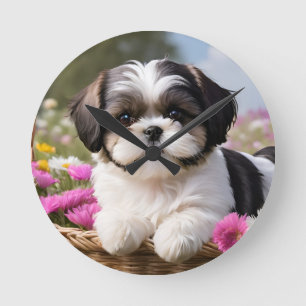 Kleine Shih Tzu Puppymand Bloemen Ronde Klok
