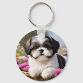 Kleine Shih Tzu Puppymand Bloemen Sleutelhanger (Voorkant)