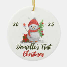 Kleine sneeuwman en kerstboom foto keramisch ornament