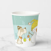 Kleine sneeuwpop en hond op kerst-winterscène papieren bekers (Voorkant)