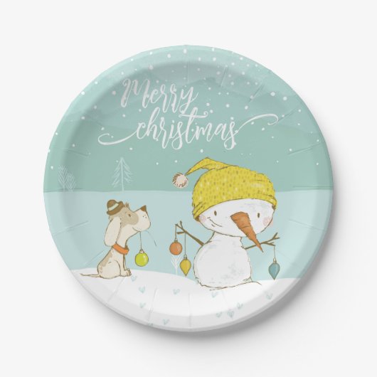 Kleine sneeuwpop en hond op kerst-winterscène papieren bordje (Voorkant)