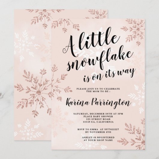 Kleine sneeuwvlok roos gouden roze script baby sho kaart (Voorkant / Achterkant)