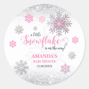 Kleine Sneeuwvlok Roze Zilver Glitter Baby Shower Ronde Sticker