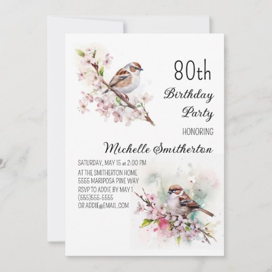 Kleine Sparrow Cherry Blossom Spring 80th Birthday Kaart (Voorkant)