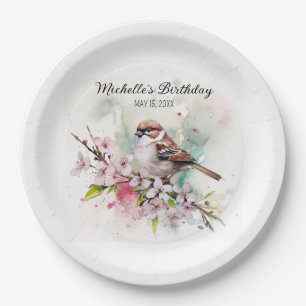 Kleine Sparrow Cherry Blossom Spring Birthday Naam Papieren Bordje