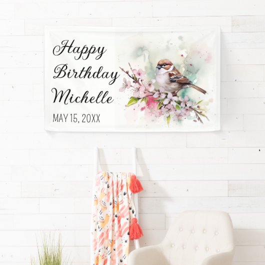 Kleine Sparrow Cherry Blossom Spring Birthday Naam Spandoek (Insitu)