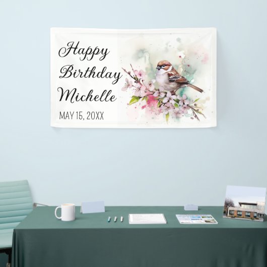 Kleine Sparrow Cherry Blossom Spring Birthday Naam Spandoek (Beurs)