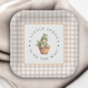 Kleine Spruit Neutraal Beige Gingham Baby Shower Papieren Bordje