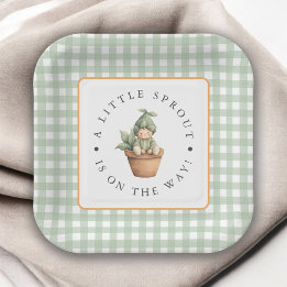 Kleine Spruit Salie Groen Gingham Baby Shower Papieren Bordje