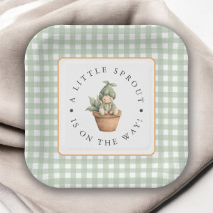 Kleine Spruit Salie Groen Gingham Baby Shower Papieren Bordje