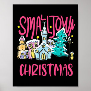 Kleine stad Kerstboom Kerkkerk Sneeuwman Mannen Poster