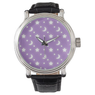Kleine sterren en manen paarse achtergrondpatroon horloge