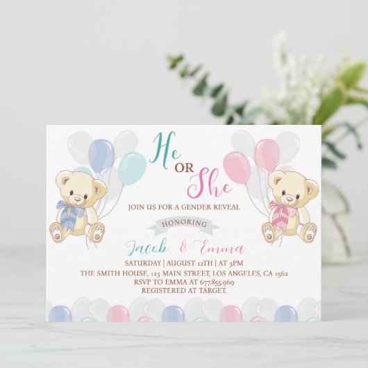Kleine teddybeer Geslacht onthullen uitnodiging (Staand voorkant)