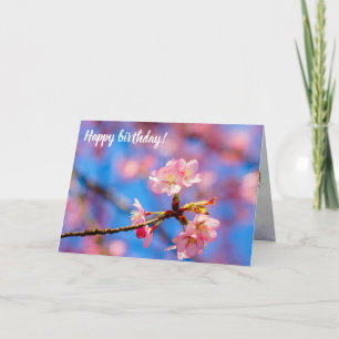 Kleine tere kersenbloesem schoonheid tegen de blau kaart