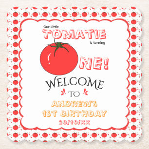 Kleine Tomatie wordt één Cute 1e verjaardag Kartonnen Onderzetters