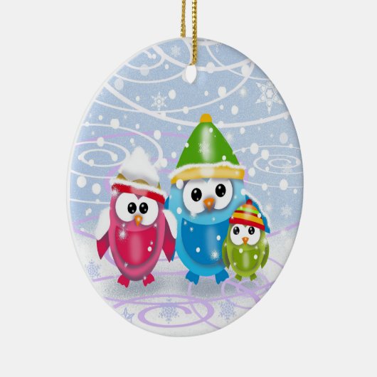 Kleine uilen in sneeuw kerstversiering keramisch ornament (Rechts)