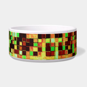 Kleine vierkantjes of tegels, groen en oranje, wit voerbakje