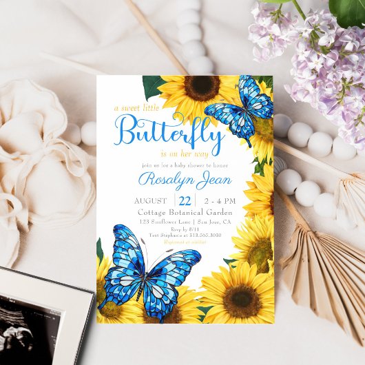 Kleine Vlinder Zonnebloem Kobalt Blauw Baby shower Kaart
