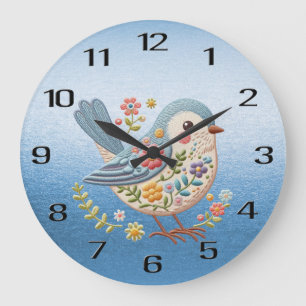 Kleine Vogel Bloemen Borduurwerk Blauwe Muur Klok