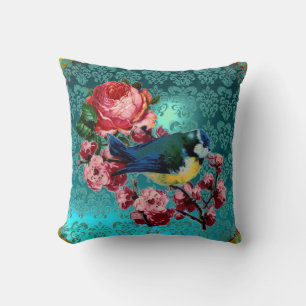 KLEINE VOGEL EN ROZE ROZEN AQUA BLAUW, BLAUWGROEN KUSSEN
