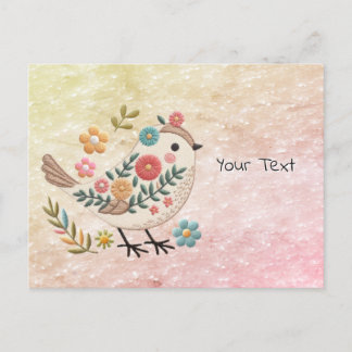 Kleine Vogel Laat Roze Bloemen Achter Ansichtkaart Briefkaart