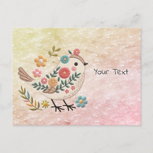 Kleine Vogel Laat Roze Bloemen Achter Ansichtkaart Briefkaart (Voorkant)