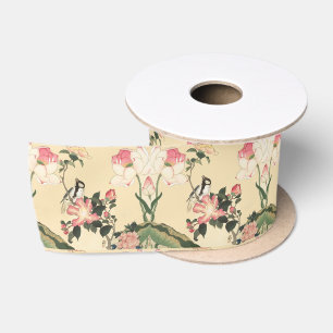 KLEINE VOGEL MET ROZE ROZEN EN LOTUSBLOEMEN LINT