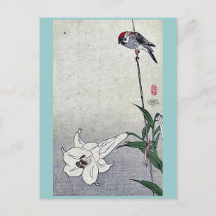 Kleine vogel op het plant van Baison, Ukiyoe Briefkaart