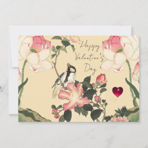 KLEINE VOGEL,ROZE ROZEN,LOTUSBLOEM Valentijnsdag Feestdagenkaart