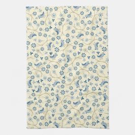 Kleine vogels op twijgen. retro, blauwe vogels, ro theedoek