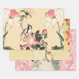 KLEINE VOGELS, PAUWEN, ROZE ROZEN, LOTUSBLOEMEN INPAKPAPIER VEL