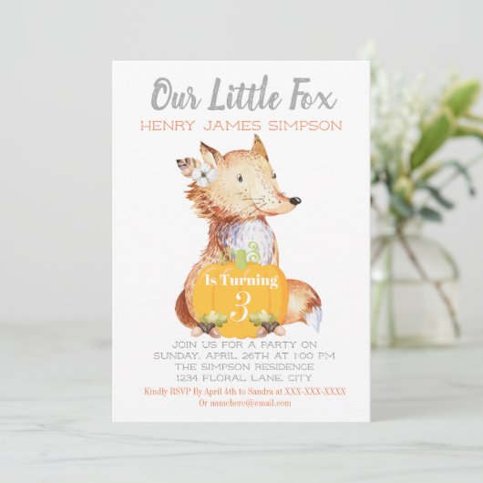 Kleine Vos Herfst Oogst Pompoen Derde Verjaardag Kaart (Staand voorkant)