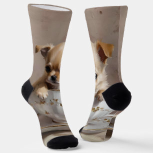 Kleine Vreugde: Chihuahua Puppy in een Theekopje Sokken