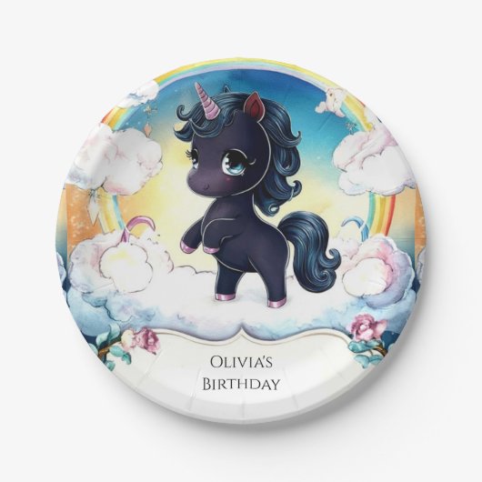 Kleine vrolijke zwarte eenhoorn verjaardag papieren bordje (Voorkant)