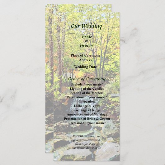 Kleine waterval in het herfstparkprogramma Wedding Programma (Voorkant / Achterkant)