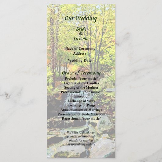 Kleine waterval in het herfstparkprogramma Wedding Programma (Voorkant)