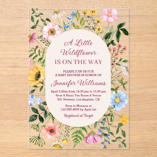 Kleine wilde bloem, bloemenrood script baby shower acryl uitnodigingen (Voorkant)