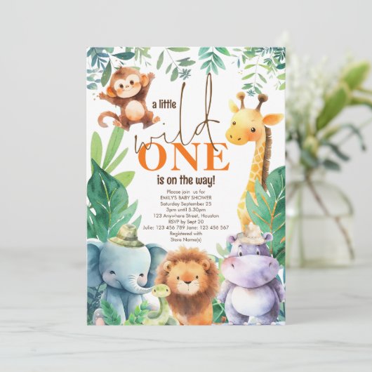 Kleine wilde een weg Oerwoud dieren Baby shower Kaart (Staand voorkant)
