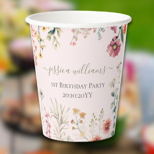 Kleine Wildflower Draaien Een  1e Verjaardag Papieren Bekers