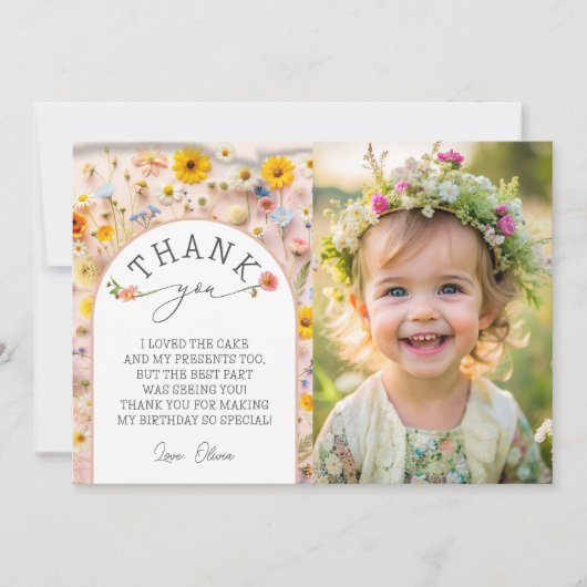 Kleine Wildflower Foto Verjaardagsfeestje Bedankt Kaart (Voorkant)