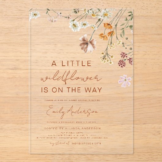 Kleine Wildflower op de weg Baby shower Acryl Uitnodigingen (Voorkant)