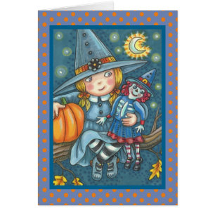 KLEINE WITCH EN DOLL HALLOWEEN WENSKAART leeg