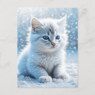 Kleine witte kitten in sneeuw kerst briefkaart