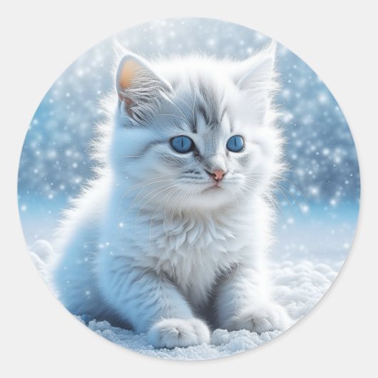 Kleine witte kitten in sneeuw kerst ronde sticker (Voorkant)