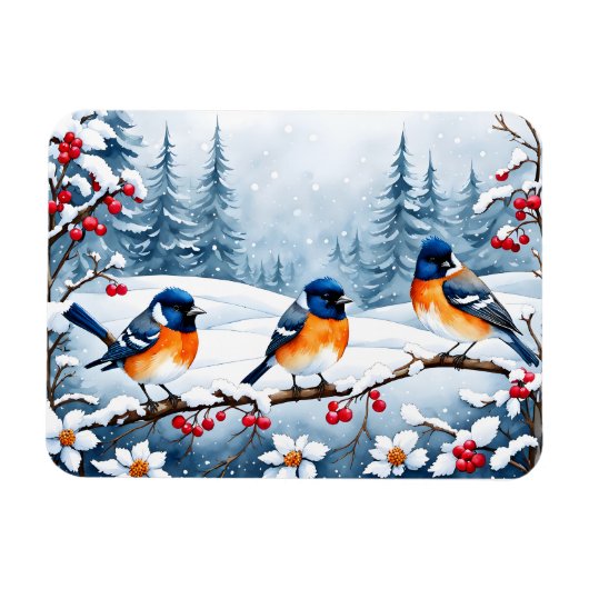 Kleine zangvogels in een besneeuwd kerstlandschap magneet (Horizontaal)