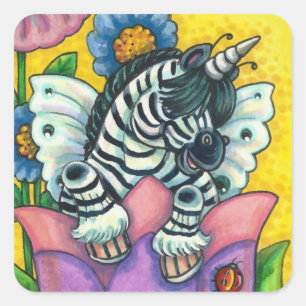 KLEINE ZEBO WHIMSYNICKER, ZEBRA UNICORN Fantasy Vierkante Sticker