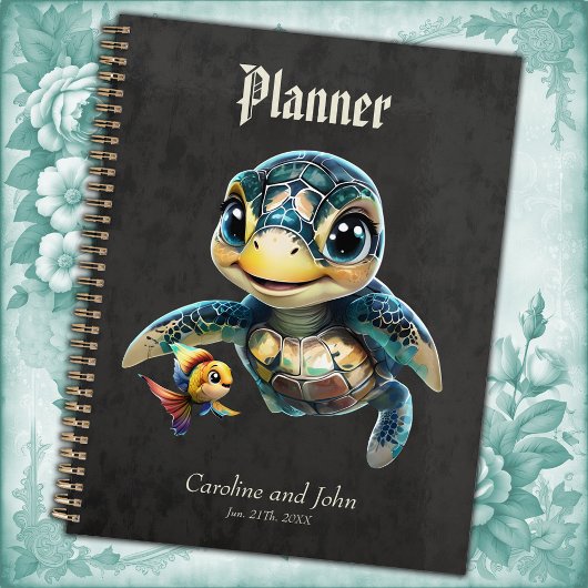 Kleine zee schildpad verkennen met haar vriend. planner