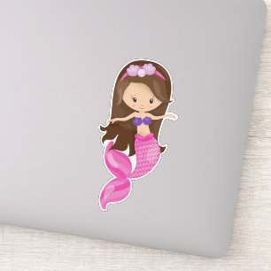 Kleine zeemeermin, Cute Mermaid, Bruin Hair, Shell Sticker