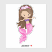 Kleine zeemeermin, Cute Mermaid, Bruin Hair, Shell Sticker (Vel)