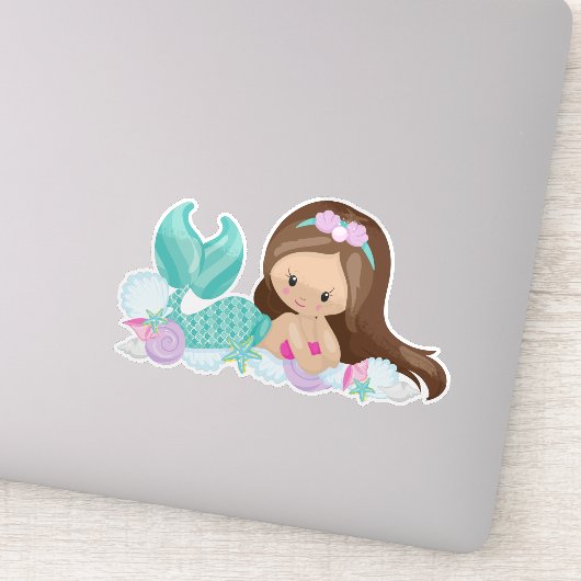 Kleine zeemeermin, Cute Mermaid, Shells, Brown Hai Sticker (Detail)